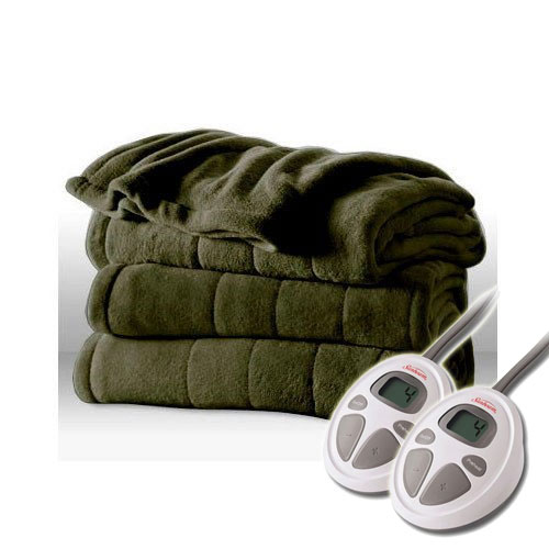 Sunbeam Channeled Velvet Plush Electric Heated Blanket King Size Olive