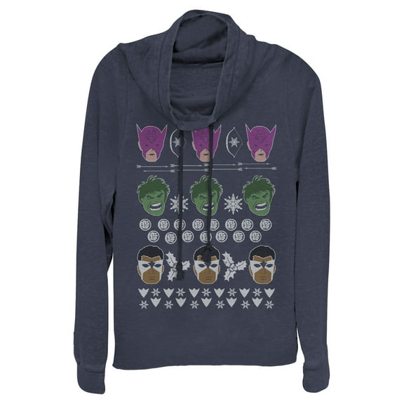 Junior's Marvel Ugly Christmas Avengers Cowl Neck Sweatshirt Navy Blue X Small