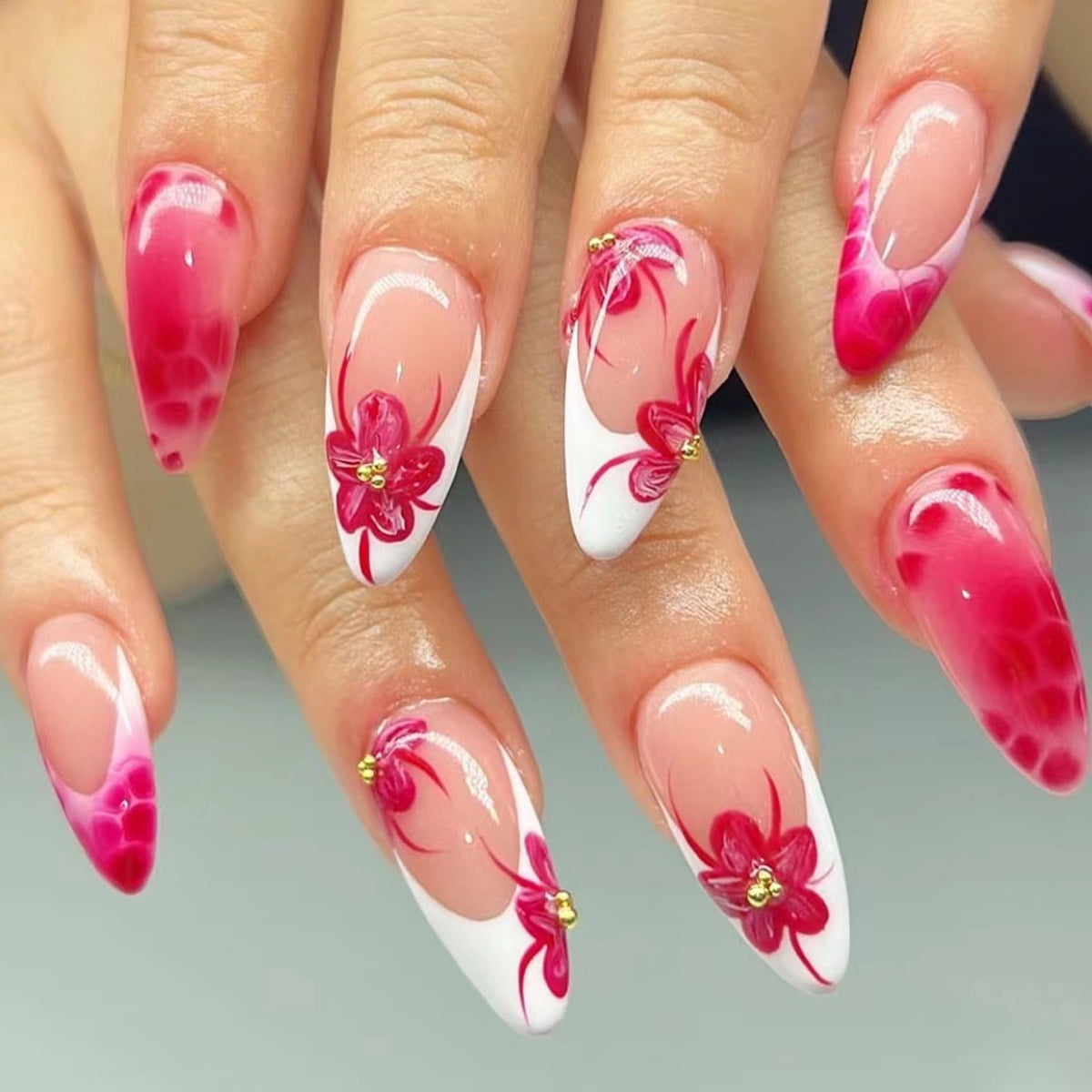 Cross-border hot sale almond fake nails fashion spice girl red flower broken diamond embellishment wearing nail piece finished product wholesale