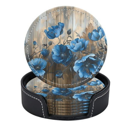 

PU Leather Coasters for Drinks Bar Beer Set of 6 with Holder Round Housewarming Gift Blue Poppies On Wooden
