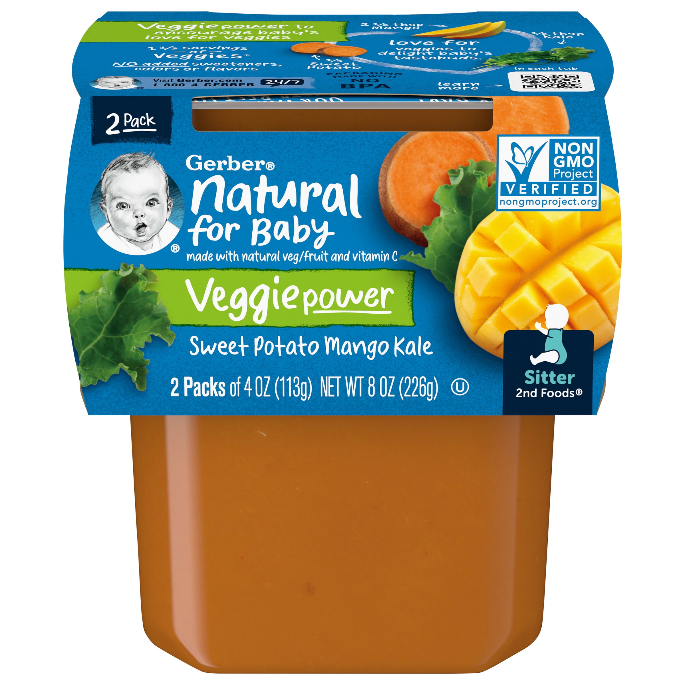 Gerber 2nd Foods Natural for Baby Veggie Power Baby Food, Sweet Potato Mango Kale, 4 oz Tubs (16 Pack)