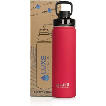 

Luxe Hydration 22oz Triple-Wall Vacuum Insulated Sport Bottle - Wide Mouth Flask - Soft Touch Exterior 18/8 Stainless Steel Leakproof Sport Lid with Handle (Jalapeno Red)