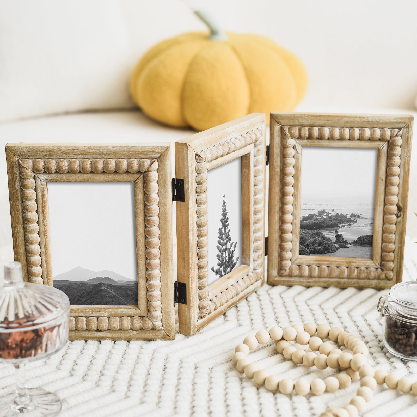 MODE HOME Rustic Distressed 3 Photos Folding Picture Frame Collage with Decorative Wood Beads, 3 Picture Frames 4x6 for Table or Wall Hanging, Farmhouse Gift Idea for Family and Friends