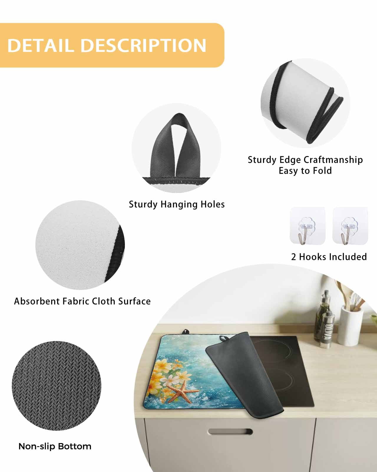 nqOlkjepod Large Induction Cooktop Protector Mat 24"x21", Summer Coastal Stove Top Covers for Electric Stove, Blue Ocean Starfish Botanical Flowers Stove Burner Cover Mats, Glass Top Stove Cover