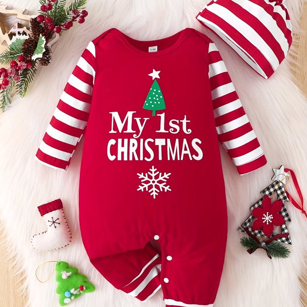 Infant Toddler Boys And Girls Spring And Autumn Letter Print Cute Christmas Long Sleeve Romper & Hat 2pcs Set