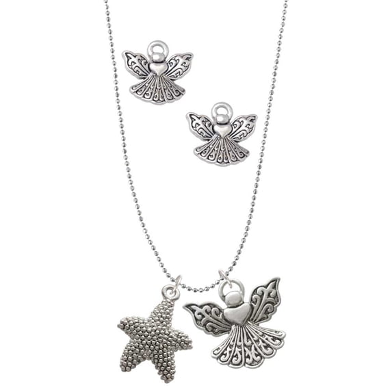 Delight Jewelry Silvertone Antiqued Starfish Silver tone Guardian Angel Charm Necklace and Stud Earrings