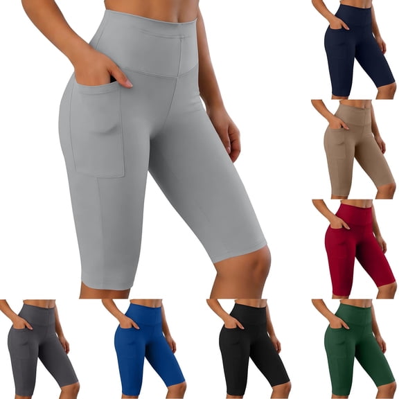 Miluxas Women's Stretchy Slim Fit High Waisted Biker Shorts Workout Knee Length Athletic Shorts with Pockets Red