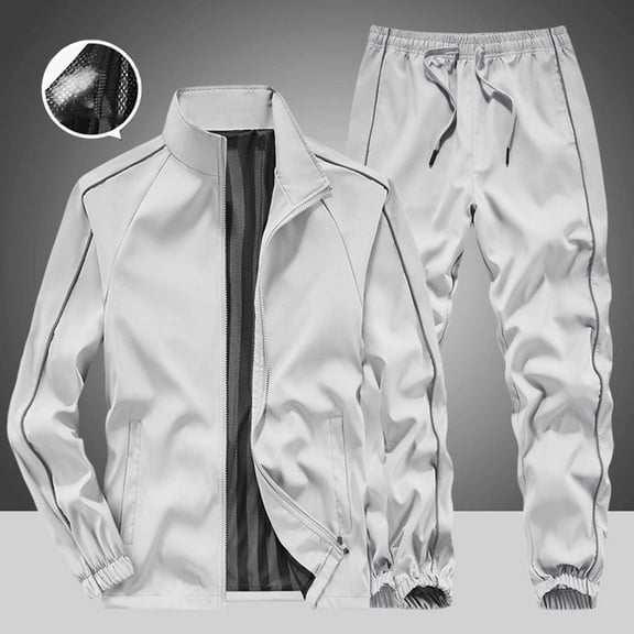 YueHuiYing Men's Solid-Color Pocket Drawstring Pants Leg Binding Pants Zipper Pockets Long Sleeves Raglan Sleeves Stand-up Collar Top Jacket Set