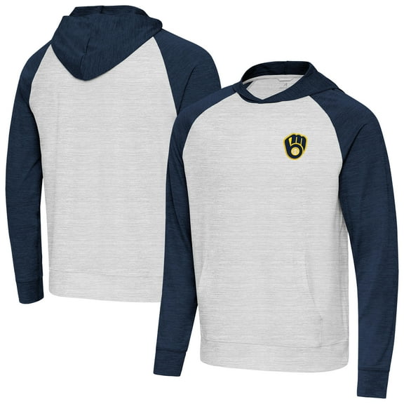 Men's Antigua Heather Navy/Gray Milwaukee Brewers Urgent Pullover Hoodie
