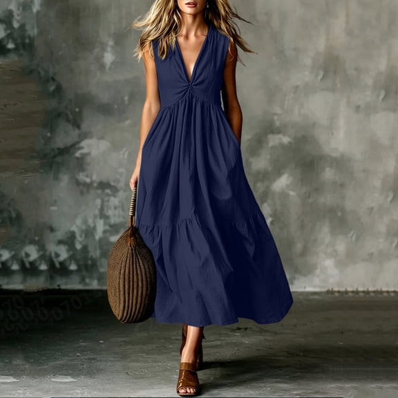 QUNYINEY A Line Womens Summer Dresses Cotton Sleeveless Long Sundress Solid Flowy V Neck Loose Fit Dresses