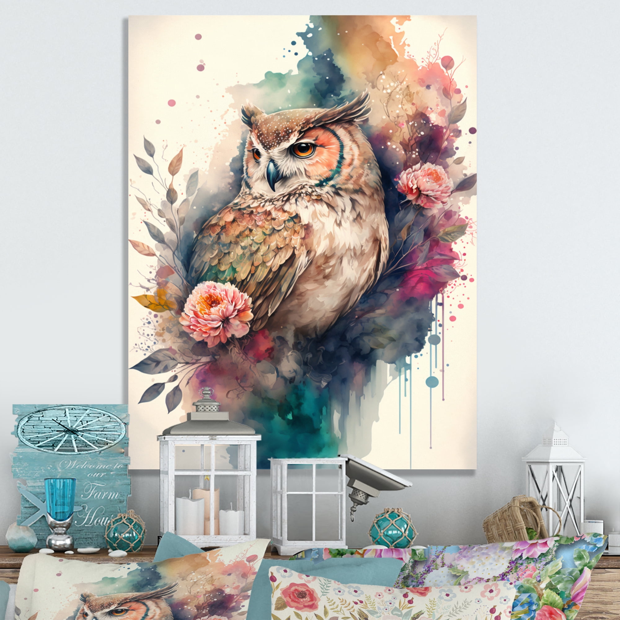Designart Cute Owls Floral Art II Canvas Wall Art