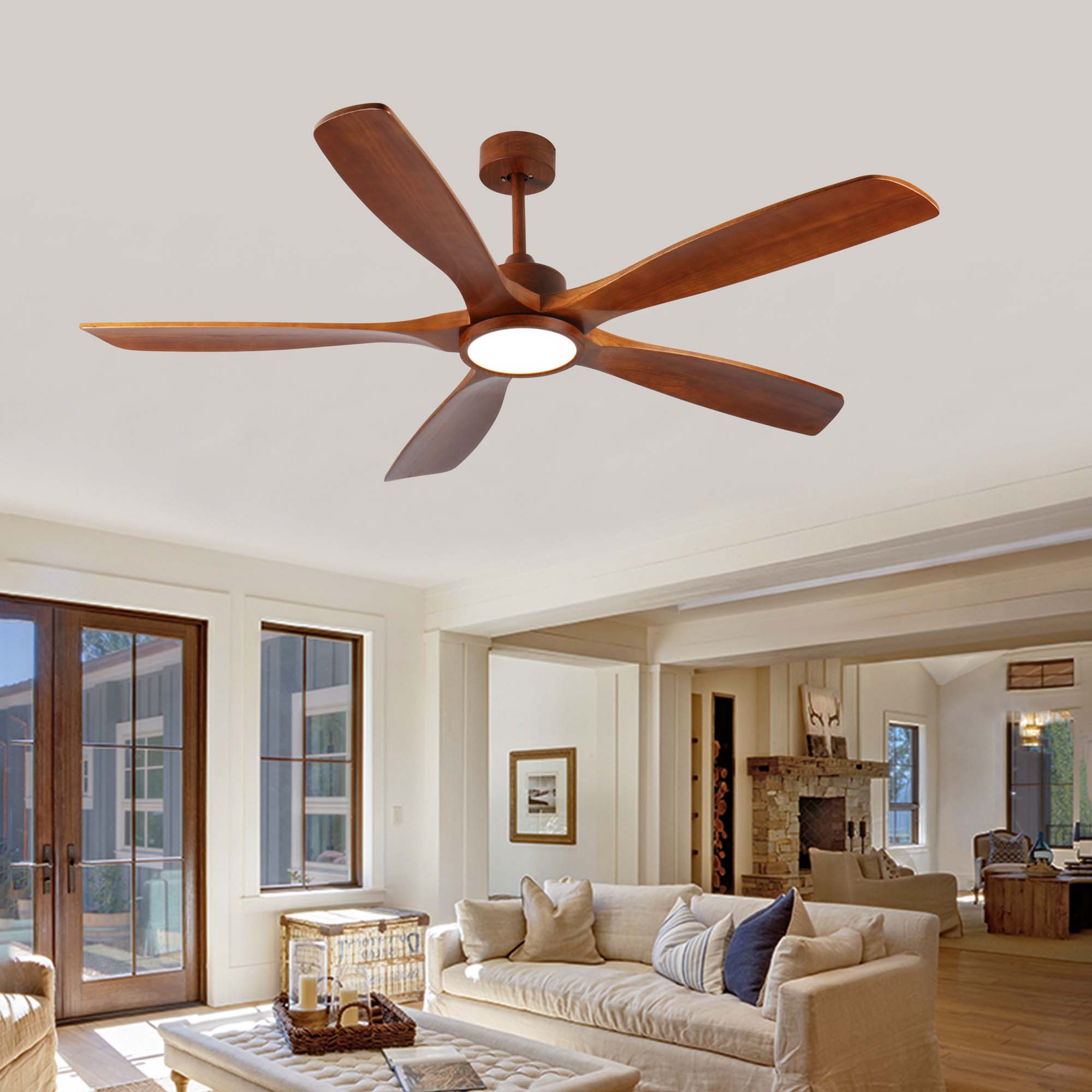 Miniyam 60 inch Wood Ceiling Fan with Lights and Remote, 5 Solid Wood Blades, Low Profile Ceiling Fan with Light, 6 Speed, Reversible DC Motor, for Bedroom/Outdoor/Farmhouse/Patios