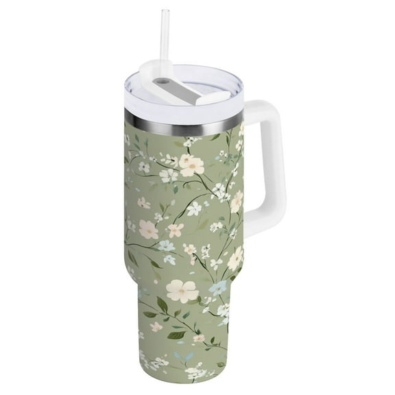 40 oz Stainless Steel Tumbler Vacuum Insulated Leak Proof Stainless Steel Coffee Cup Water Bottles Green Flower