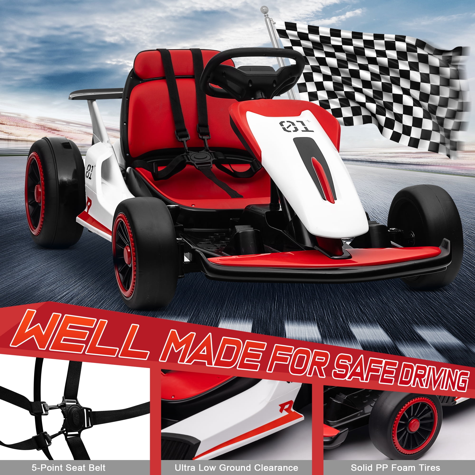 Joyracer 24V Go Kart for Kids, 7AH Battery Powered Ride on Car for Teens Ages 6+, Outdoor Ride on Toys, High-Low Speed 5-9MPH, Accelerator/Brake Pedal, 360°Drifting, Wear-Resistant Wheels, Red