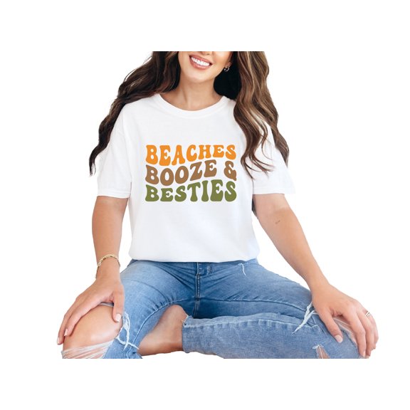 Beaches, Booze & Besties, Beach Lover Best Friend Quote, Groovy Retro Wavy Text , White Comfort Colors T-Shirt, Small