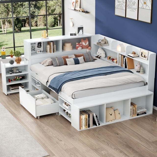 Full Size Daybed with Storage - Multifunctional White Bed Frame