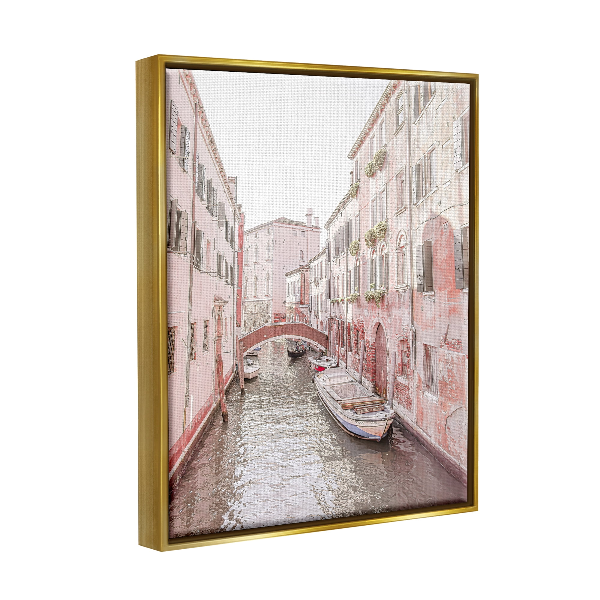 Stupell Industries Canal Boat City Water Bridge Town & City Photography Gold Floater Framed Art Print Wall Art