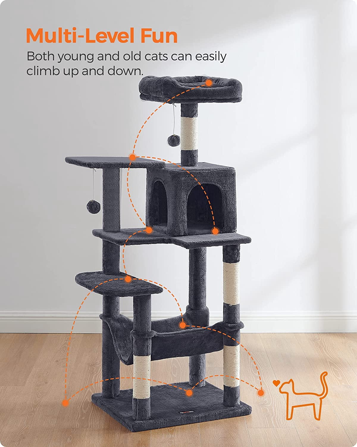 56.3'' Cat Tree Tower for Indoor Cats ,Multi-Level Cat Condo Cat Furniture with Scratching Posts, Perches, Hammock, Cave ,Smoky Gray