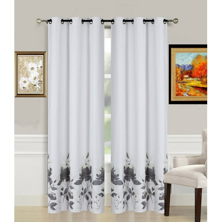 - 2-Piece FLOWER SILVER Printed Lined Blackout Grommet Window Curtain Treatment, Set of Two (2) Floral Pattern Room Darkening Panels 37