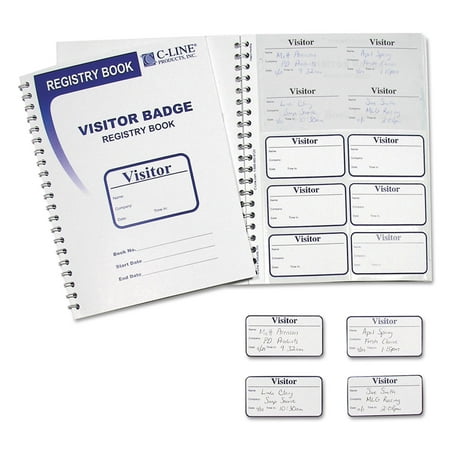 C-Line Visitor Badges with Registry Log, 3.63 x 1.88, White, 150 Badges/Box