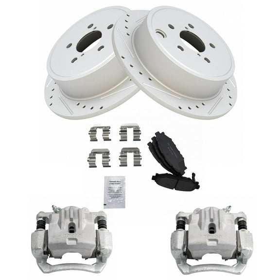 TRQ Rear Performance Brake Pad & Rotor Kit Brake Caliper Brake Pads Brake Rotors Set Ceramic Solid Premium G-Coated Fits Select 2010-2014 Subaru Legacy Outback