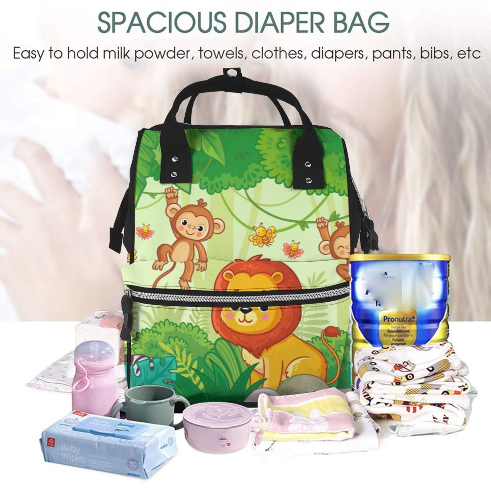 Ratiio African Animals in the Jungle Mummy Backpack - Waterproof Twill Canvas, Large Capacity Diaper Bag with Multiple Pockets and Adjustable Straps