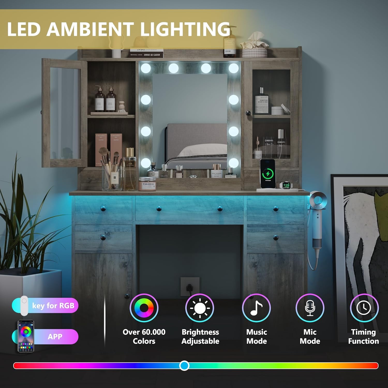 FANRAL 43.7" Vanity Desk with 10 Mirror Lights & Under-Table RGB,Charging Station & Hair Dryer Holder,Multi-Storage Dressing Table for Bedroom Bathroom,Gray Vanity