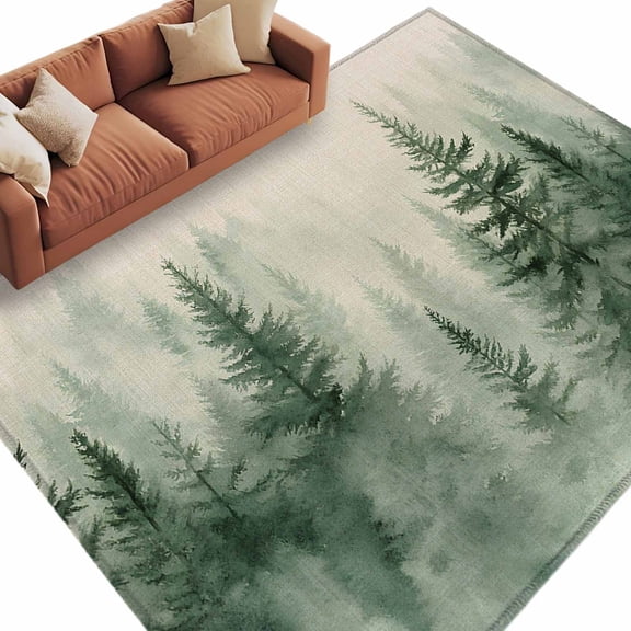 Retro Trees Plants AreaRug 8x10ft Watercolor Green Mountains Forests Non-SlipWashable SquareRugs Soft Felt Indoor Floor Mat for Bedroom Kitchen Living Room Bathroom