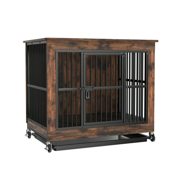 PRIJESSE 39 Inch Chew Proof Dog Crate Furniture, Rustic Brown Wooden End Table with Removable Top & Pull-Out Tray for Large Dogs, Indoor Kennel House