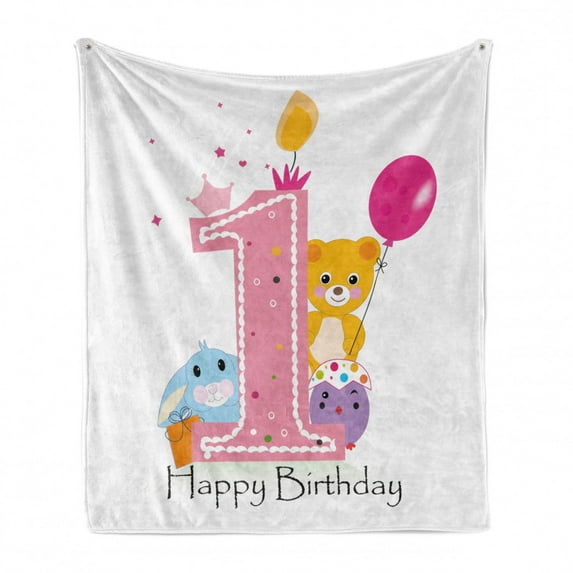 1st Birthday Soft Flannel Fleece Throw Blanket, Princess Girl and Party Cake with Candle Teddy Bear Toy Print, Cozy Plush for Indoor and Outdoor Use, 60" x 80", Pale Pink and Hot Pink, by Ambesonne