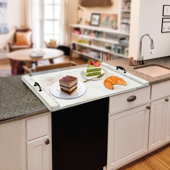 Noodle Board Stove Cover with Handles, Pine Wood Stove Top Cover, Stove Top Cutting Board, Counter Space Top Covers for Kitchen Noodle Board Gas Stovetop 22 * 30inch (white)