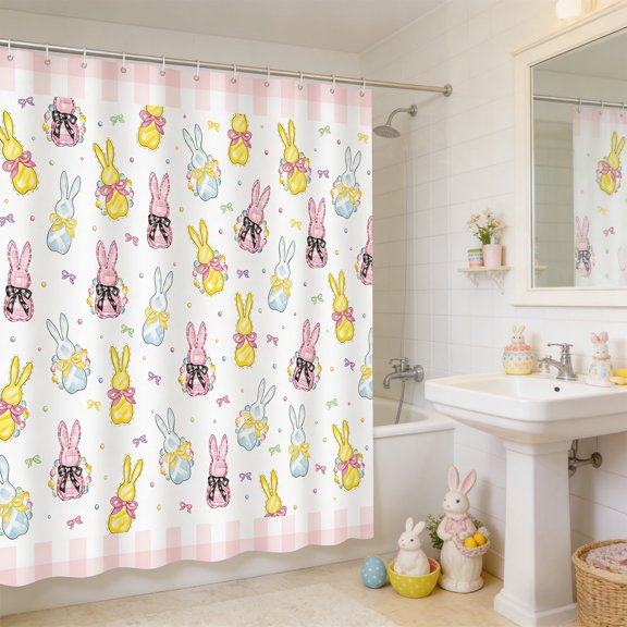 Easter Bunny Shower Curtain Waterproof Polyester Fabric Spring Holiday Bathroom Decor Floral Rabbit Pattern 71X59 Inch