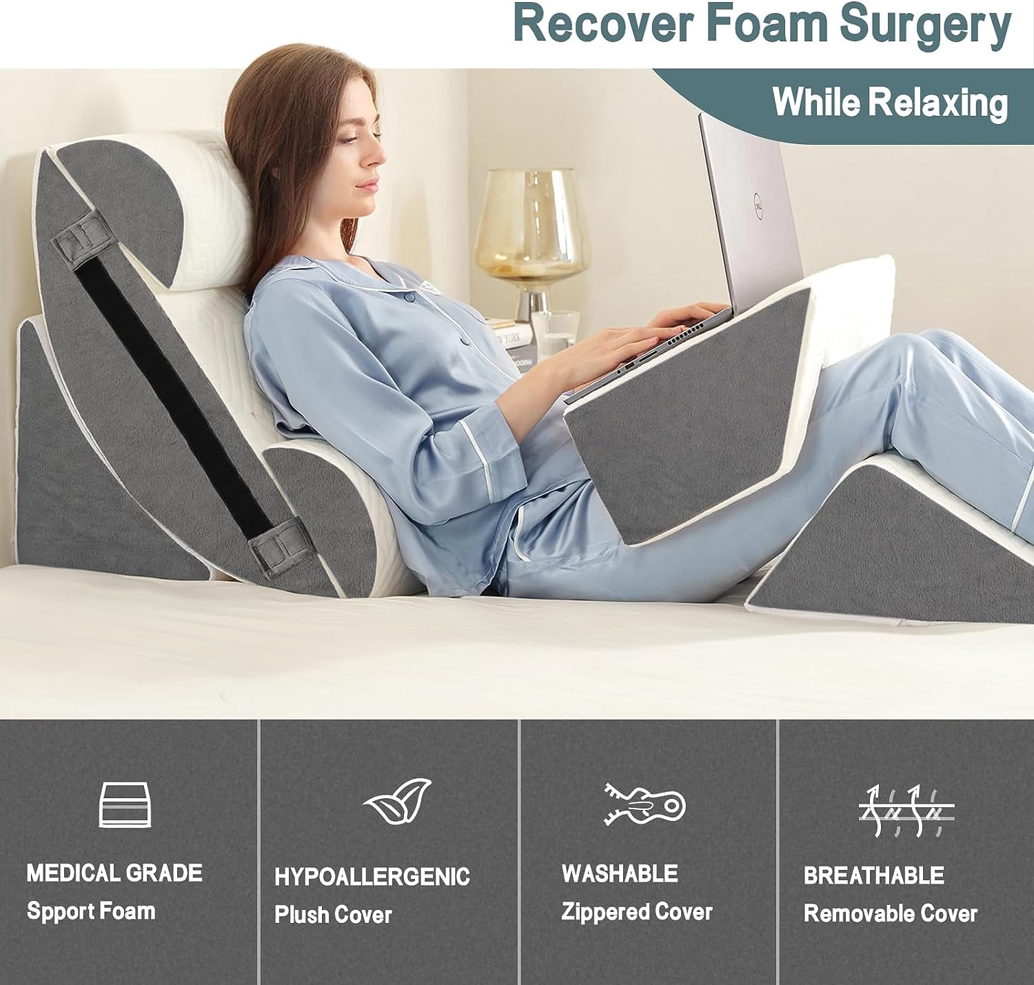 6pcs Orthopedic Bed Wedge Pillow Set for Sleeping, Post Surgery Foam for Body, Back and Leg Pain Relief Comfortable & Adjustable Support Pillows-Anti Snoring, Heartburn