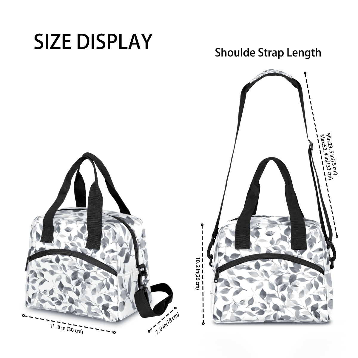 Herdesigns Gray and White Insulated Lunch Bag for Women Men Adults Large Reusable Lunch Box Leaves Leakproof Cooler Tote Bags with Adjustable Shoulder Strap