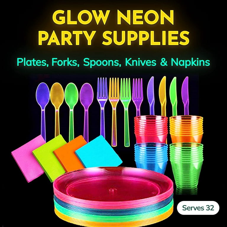 Party Essentials Party Supplies Set/Blacklight UV Glow in The Dark Kit, 9 Plates, 12 oz. Cups, Paper Napkin, 128 Piece, Assorted Neon