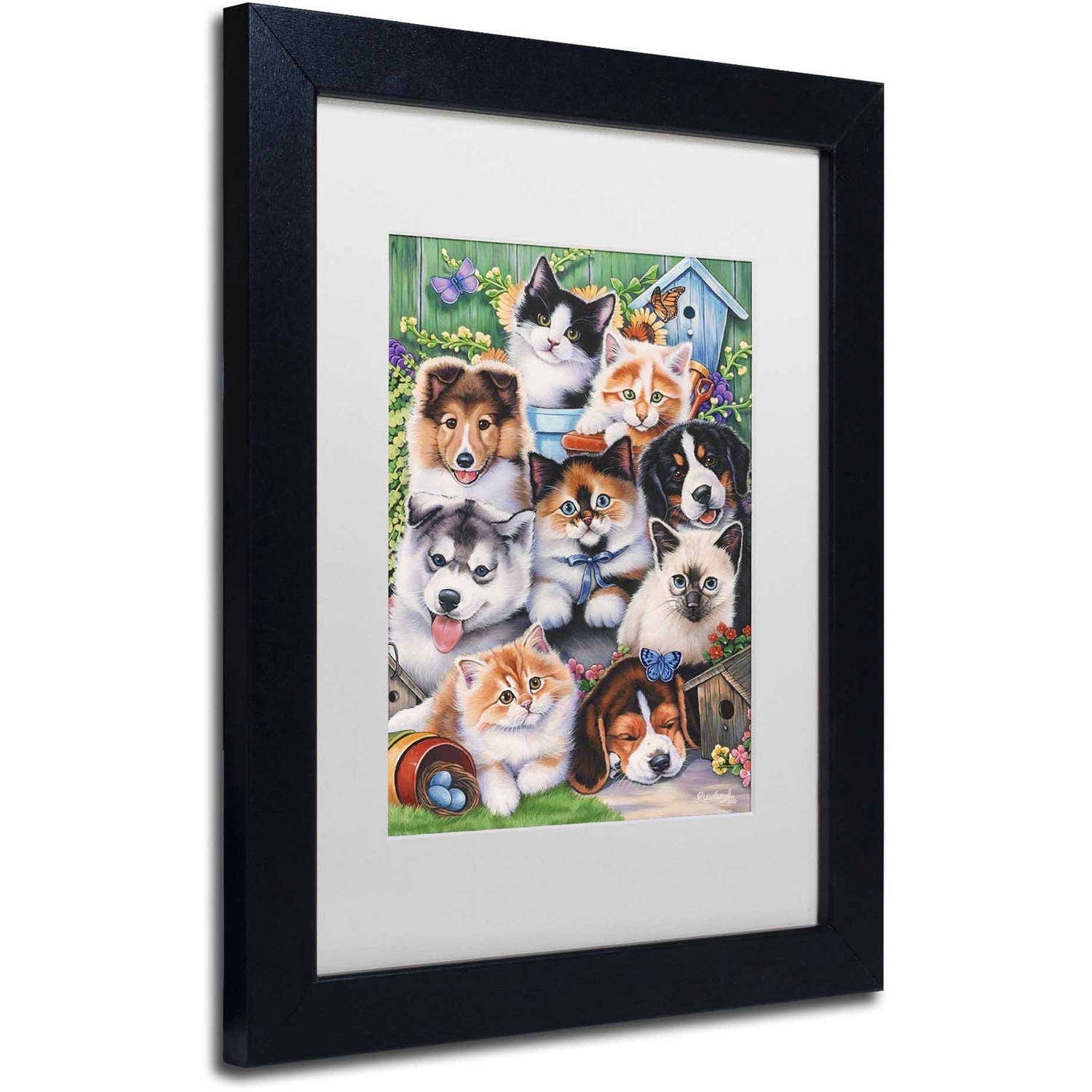 Trademark Fine Art 'Kittens & Puppies In The Garden' Canvas Art by Jenny Newland, White Matte, Black Frame