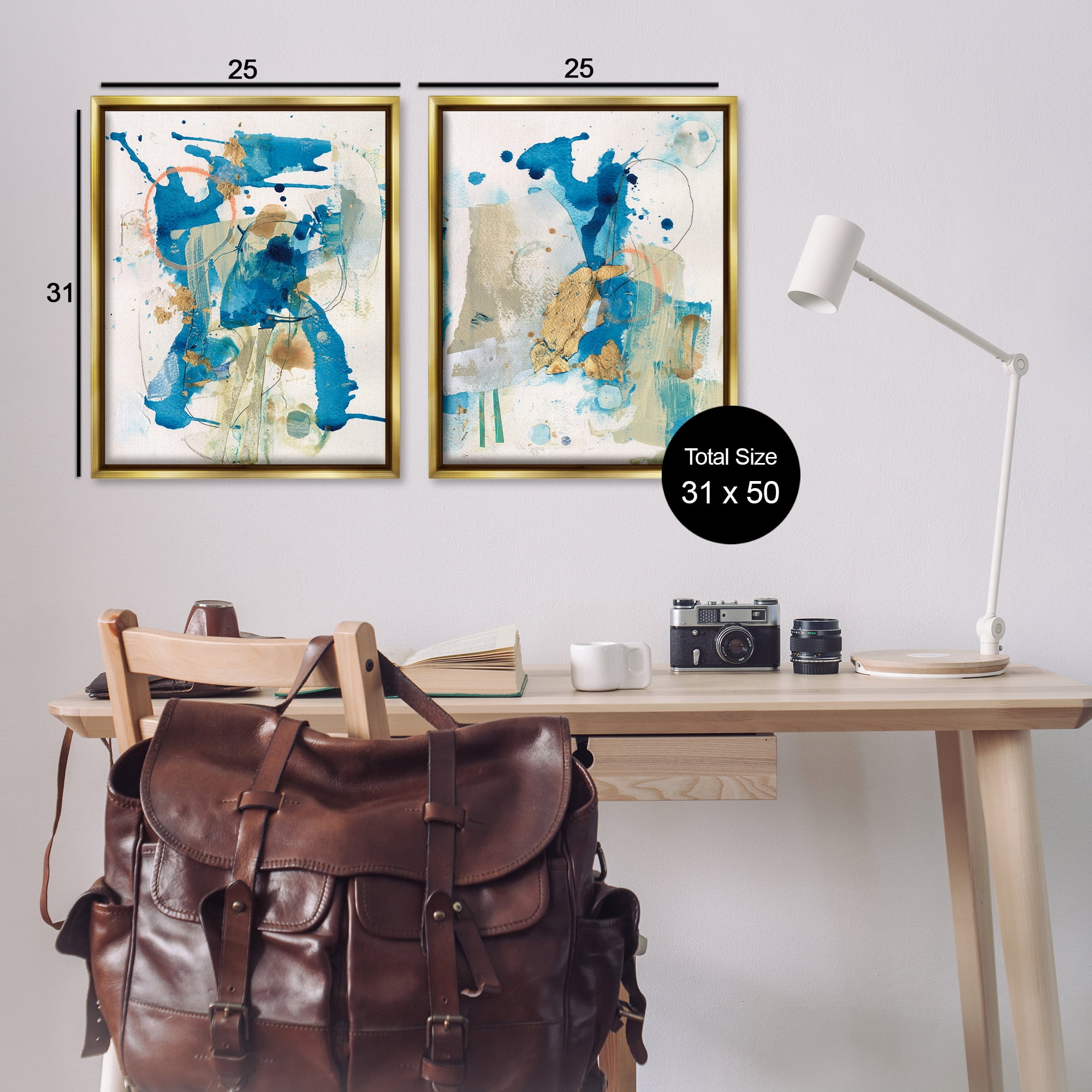 Stupell Industries Abstract Blue Gold Splash Abstract Painting Gold Floater Framed Canvas Art Print Wall Art, 31 x 25, Set of 2