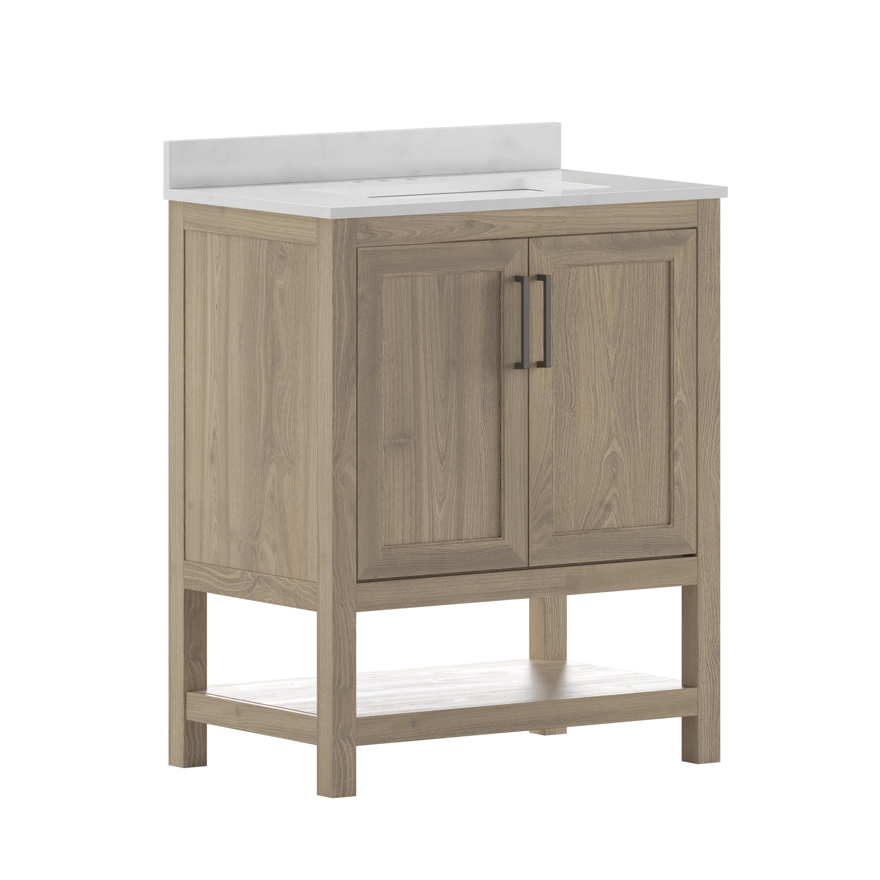BizChair 30 Inch Bathroom Vanity with Sink Combo, Storage Cabinet with Soft Close Doors and Open Shelf, Carrara Marble Finish Countertop, Brown/White