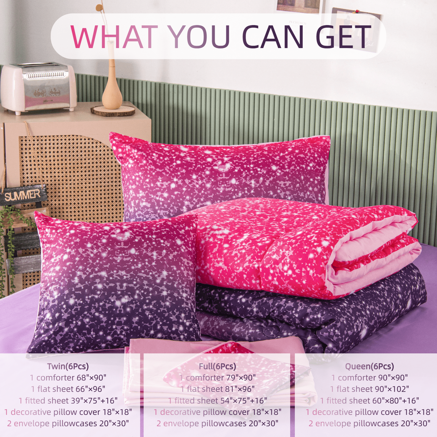 PERFEMET 6 Pieces Pink Purple Full Size Comforter Set Glitter Star Ombre Galaxy Printed Bedding Set Soft Microfiber Bed in a Bag for Kids Teens Girls (Purple,Full)