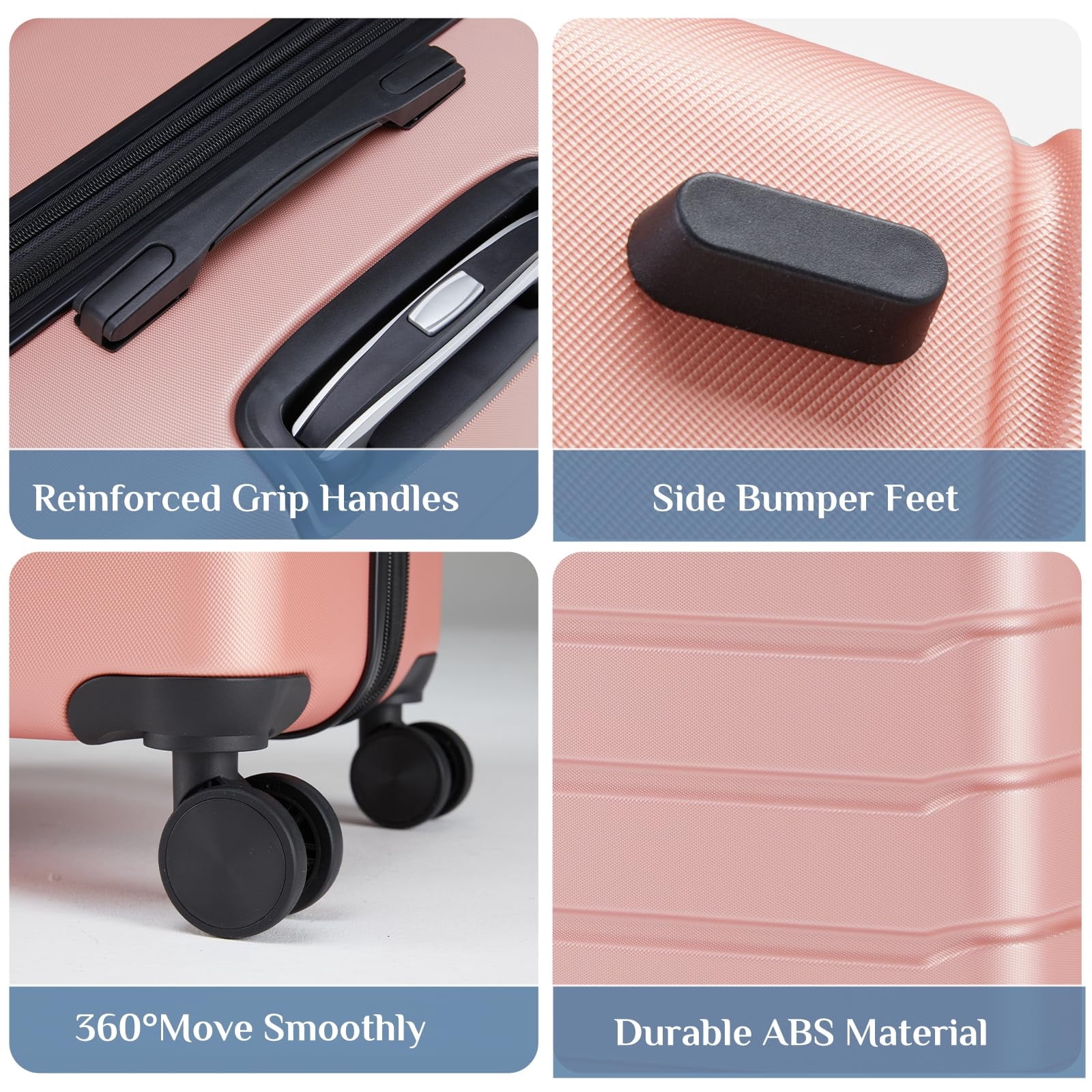Kelno 3-Piece Hardside Luggage Set 20/24/28Inch ABS Suitcase Set with Double Spinner Wheels TSA Lock Lightweight Rolling Luggage, Pink