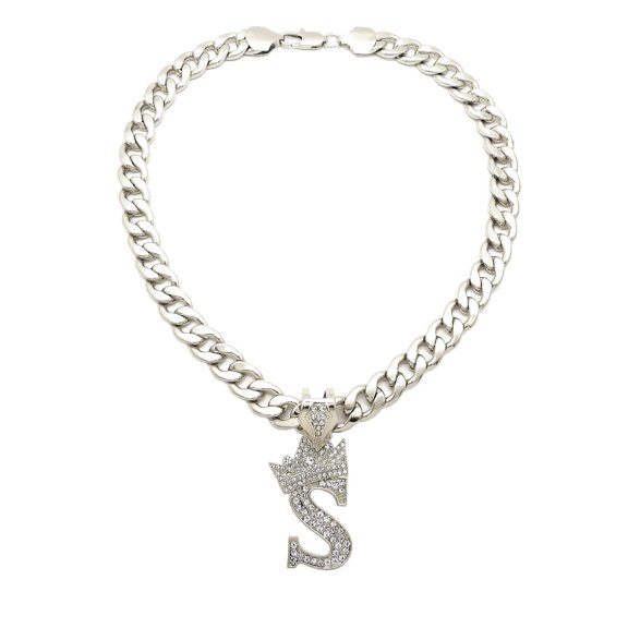 iJewelry2 Kings and Queens Crowned Initial Letter S Crystals Pendant Silver-tone Cuban Linked Chain Necklace