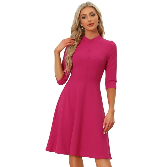 Unique Bargains Women's Sheath Dresses 3/4 Sleeves Stand Collar Elegant A-Line Dress L Hot Pink