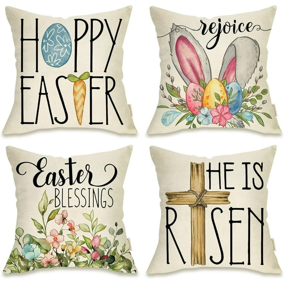 Happy Easter Eggs Bunny Decorative Throw Pillow Cover 16x16 Set of 4, Religious Rejoice Rabbits Carrot Flower Blessings Outdoor Pillowcase, He is Risen Cross Floral Cushion Case Home Decor