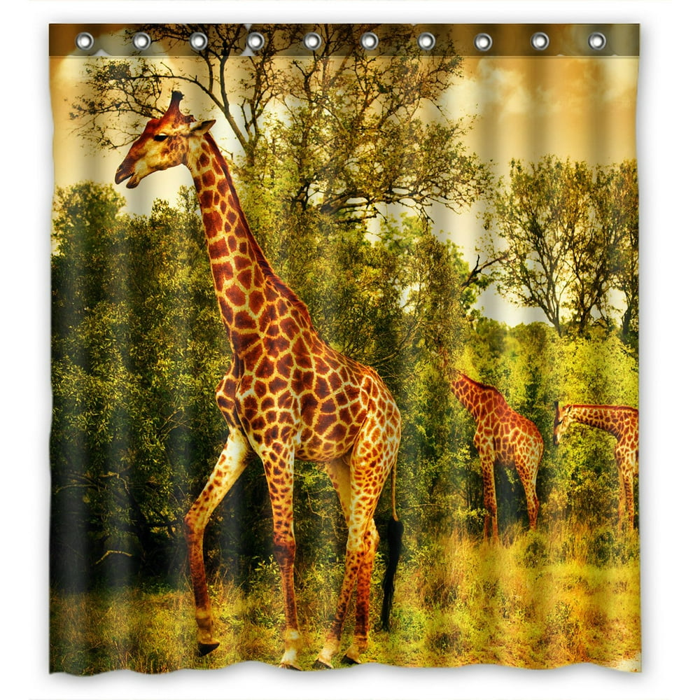 PHFZK Wildlife African Safari Shower Curtain, Giraffe and Animals Art ...