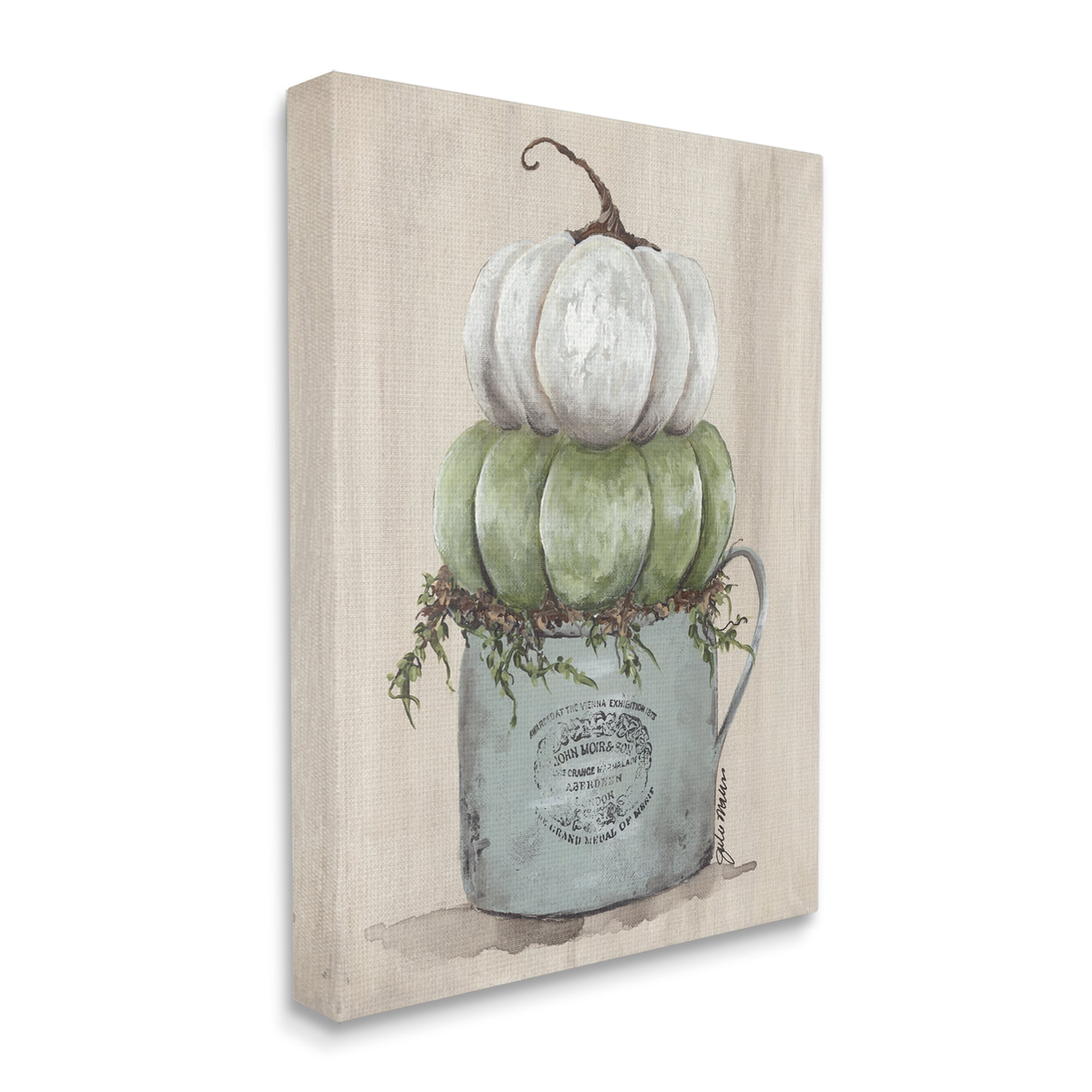 Green White Harvest Pumpkins Country Jar Planter Botanical & Floral Painting Gallery-Wrapped Canvas Print Wall Art