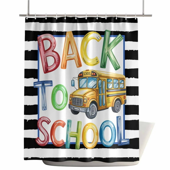 Shower Curtains for Bathroom-72"x72",School Season Yellow Bus Waterproof Bath Curtain Grommet Shower Curtain Set with Hooks,Black White Stripes Washable Bath Accessories