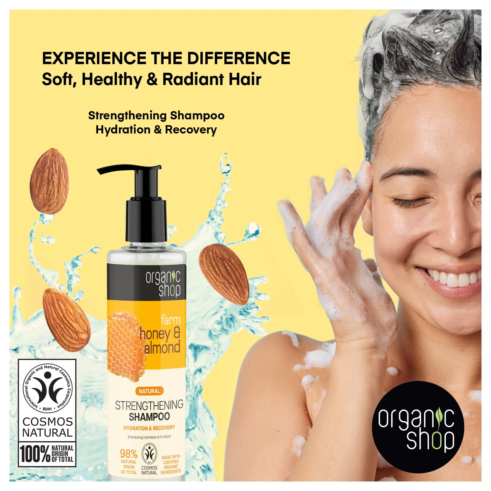 Organic Shop Raw Honey & Almond – High Strengthening Shampoo + Conditioner Deep Repairing - 100% Vegan & Organic, Rich In Vitamins & Minerals, Silky Hydration & Nourishing. 9.5 Fl Oz