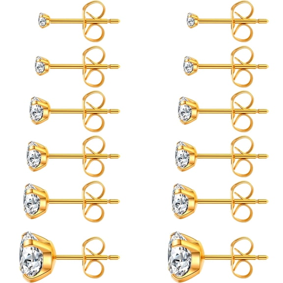6 Pairs Stud Earrings Set, Hypoallergenic Cubic Zirconia 316L Earrings Stainless Steel CZ Earrings 3-8mm (Gold color)