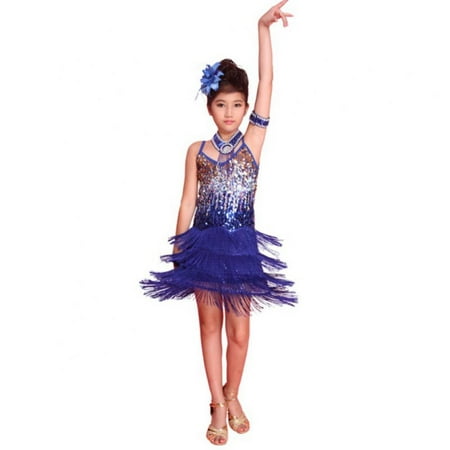 

Kids Girls Latin Dress Performance Clothing Sequined Tassel Cha Cha Ballroom Rumba Tango Salsa Dance Skirt Dancewear