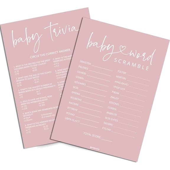 Osmanthus Baby Shower Games for Girl - Baby Trivia and Word Scramble Game, 50 Double-Sided Cards (Blush Pink)